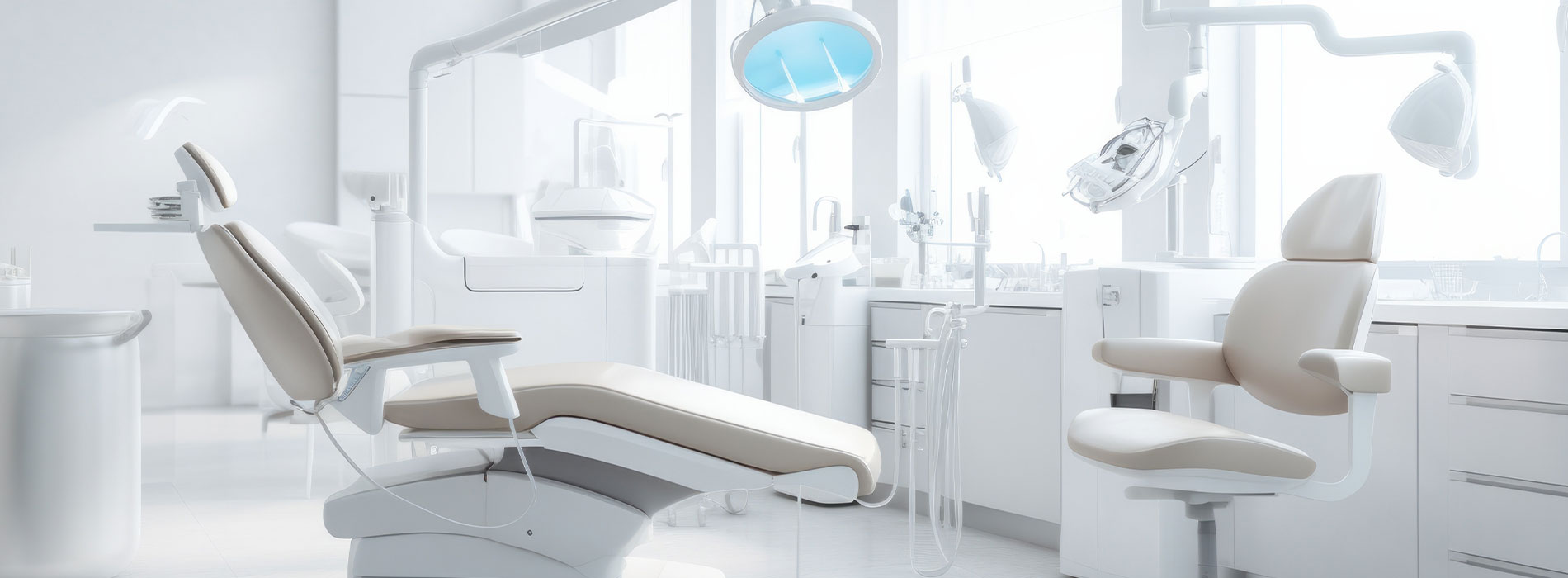 A modern dental office interior with white and gray color scheme, featuring a reception area, dental chairs, and equipment.