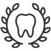 The image is a graphic or icon representing a dental service, featuring a white tooth with a crown and laurel leaves surrounding it.