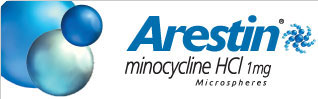 Image: A logo with the text 'Aestin' and a graphic of three spheres in blue, above which is the name 'minocycline HCI 1mg' and below it the word 'microspheres', set against a white background.