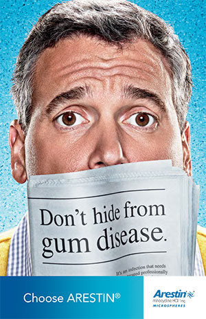 A man with a concerned expression, holding a newspaper that reads 'DON'T HIDE FROM GUM DISEASE,' is featured in the image.
