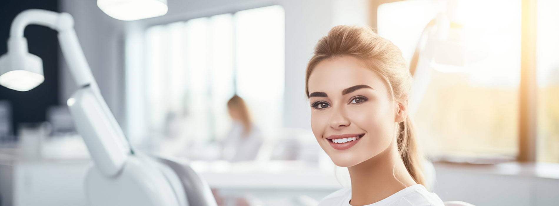 The image is a photograph of a woman in a professional office environment, smiling at the camera while seated at a desk with a computer monitor.