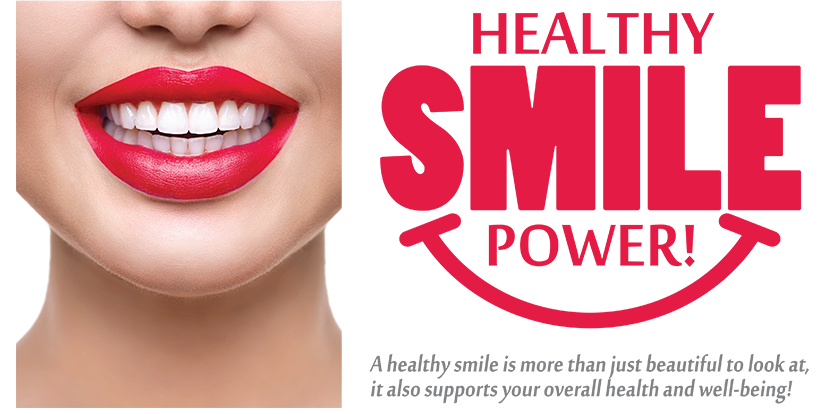 The image features a close-up of a person's lips with red lipstick, overlaid with text that reads 'HEALTHY SMILE POWER' and includes the logo for a company or service.